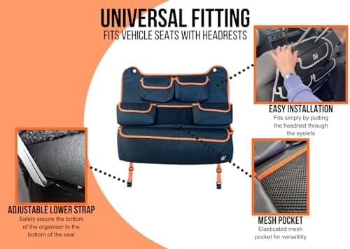 OLPRO Rear Double Car Seat Organiser – Orange – Back Seat Storage with Closable Pockets, Mesh Panel & Easy Install – Car Seat Organiser for Kids, Long Journeys, Vans, Motorhomes — view 3
