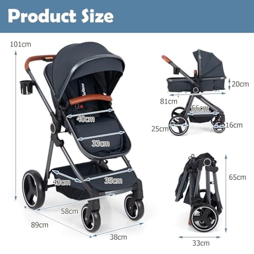 COSTWAY Baby Pushchair, Foldable Travel System Pram with Reversible Seat, Adjustable Canopy & Backrest, Storage Basket, Cup Holder, Aluminum Structure Stroller for 0-36 Months (Dark Blue) — view 6