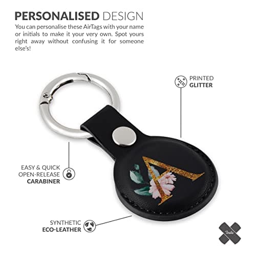 Tirita Personalised Case Keyring Holder Compatible with Apple AirTag 1 & 2 - Leather Case with Key Ring for Apple Air Tag [08- Gold Monogram Roses on Black] — view 5
