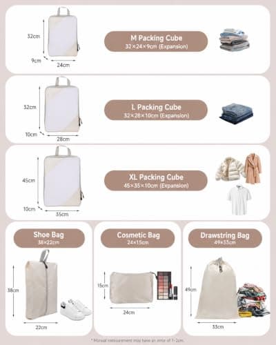 MOLICRAIN Compression Packing Cubes for Suitcase, 6 PCS Ultralight Travel Organiser Packing Bags, Extensible Luggage Organiser, Suitcase Organizer, Packing Cubes for Cabin Luggage(Beige) — view 3