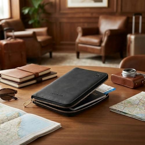 Jdbefuy Passport Holder Travel Wallet, RFID Blocking PU Leather Document Organiser with Secure Zipper Closure and Wrist Strap, Waterproof Holiday Travel Essentials for Men and Women (Black) — view 3