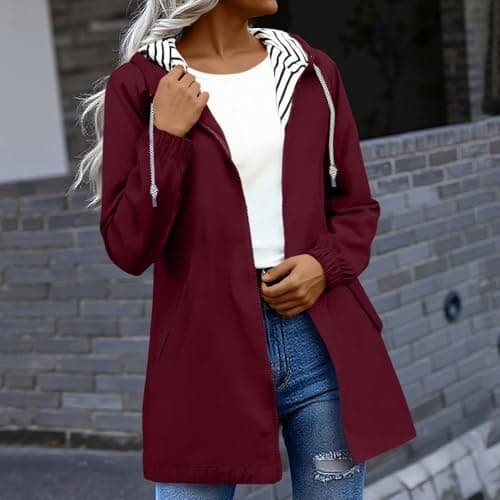 Womens Waterproof Jackets Wine Jacket Windbreaker Travel Windproof Loose Light Rain Coat With Pocket Outdoor Walking Hiking Womens Raincoat Ladies Coats Hooded Rainproof Zipper — view 2
