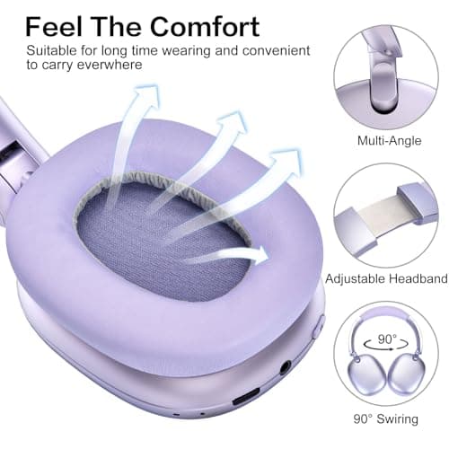 RORSOU C6 Active Noise Cancelling Headphones, Wireless Over Ear Bluetooth Headphones, 60H Playtime, Lightweight Folding Deep Bass Comfort Fit Ear Cups Headset with Mic for iPad/Travel/PC/Home Purple — view 4