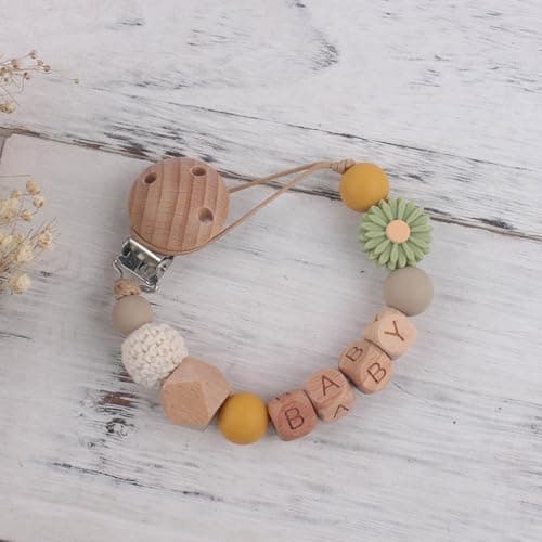 Play Activity Toy Flower Pacifier Clip Silicone Bead Pacifier Clip For Baby Girls And Boys With Birthday Present Lollipop Beadless Silicone Baby Wood (Mint Green, One Size) — view 2