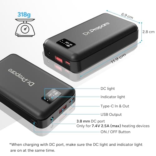 DR.PREPARE 16000mAh Battery Pack with 7.4V DC (3.8mm) & 5V USB Output for Heated Vest, Faster-Charging Power Bank with Type C In/Output, Portable Compact Battery for Eye Mask, iPhone, iPad, Desk Fan — view 4