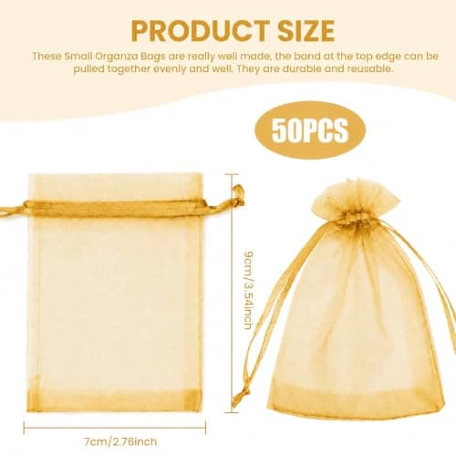 Admygo Gold Organza Bags 50PCS, Small Gift Bags 7x9 cm Clear Mesh Pouches with Drawstring, Mini Favour Bags for Wedding, Christmas, Birthday, Candy, Jewellery, Party Supplies — view 2