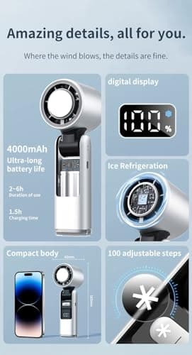 Handheld fan, 4000 mAh, powerful turbo fan, Operated Electric Mini Personal Desk & Neck Fan, Travel Essentials, Holiday Gifts, Pink, Grey. — view 6