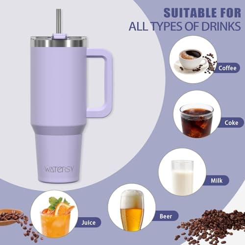 WATERSY Travel Mug Coffee Cup 40oz Tumbler Straw Lid and Handle, Stainless Steel Double Wall Vacuum Insulated Coffee Water Bottle Thermal for Cold Hot Coffee 1182ml Purple — view 2
