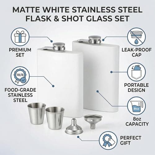 Stainless Steel Hip Flask 8oz White, Metal Flask for Whiskey Liquor, Small Pocket Flask with Funnel Cup, Mini Flask for Men Women Travel Camping Gifts 2 Pack — view 3