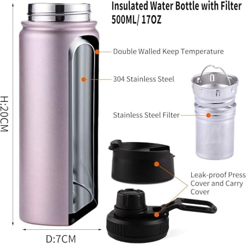 Sivaphe Tea Infuser Bottle Insulated Water Bottle Stainless Steel Drink Flasks Leak-Proof for Sports Outdoor, Double Walled Vacuum with Lids 500ml Rose Gold — view 5