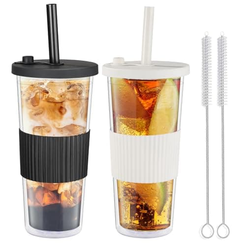 2 Pack Reusable Bubble Tea Cups, 750ml/24oz Travel Water Tumbler with Straw & Lid, Leakproof Clear Plastic Mug Cup, Double Wall Smoothie Tumbler with Wide Straw for Bubble Tea, Milkshake, Iced Coffee