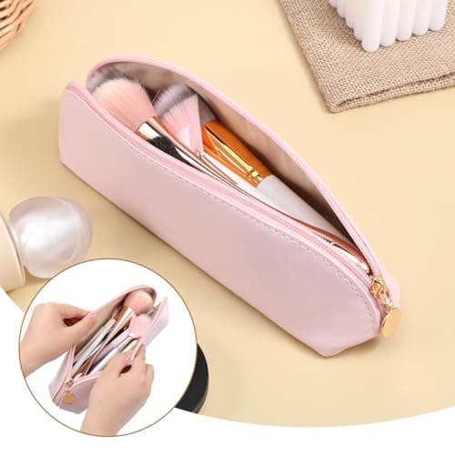 Leather Makeup Brush Bag with Zipper, Portable Travel Cosmetic Organizer Case, Compact Toiletry Pouch for Daily Work Essentials — view 6