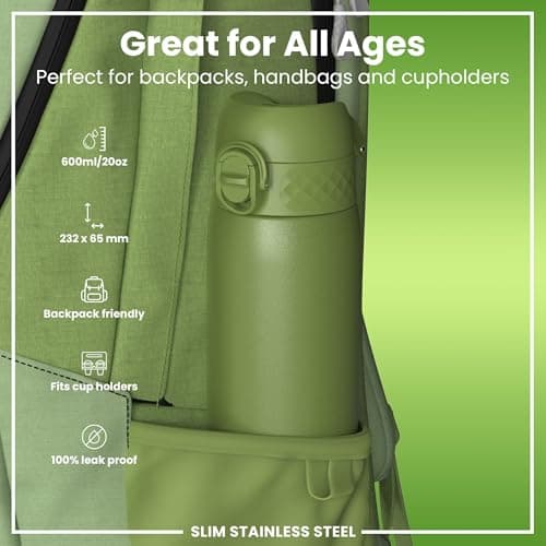 Ion8 Lightweight Steel Water Bottle, 600 ml/20 oz, Non-Insulated, Leak Proof, Easy to Open, Secure Lock, Dishwasher Safe, Flip Cover, Fits Cup Holders, Carry Handle, Metal Water Bottle, Khaki Green — view 2