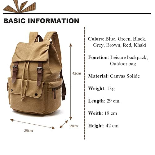 Rufun Canvas Backpack Vintage Rucksack Schoolbag for Laptop Daypack Hiking Travel Large Capacity Bag Unisex (Khaki) — view 2