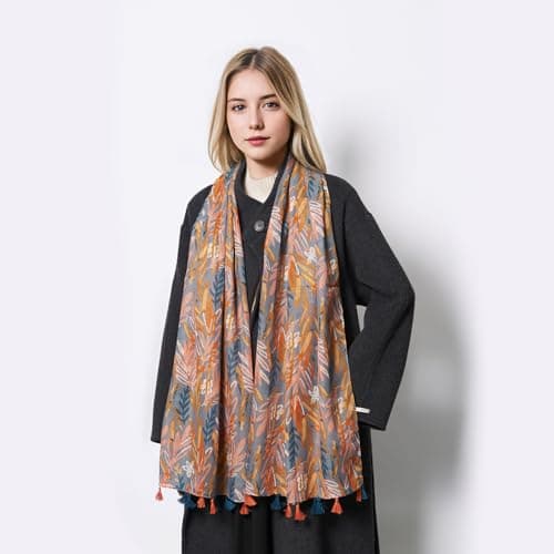 QIUTIMIY Scarf for Women Lightweight Soft Floral Printed Scarves Fall Winter Fashion Shawl Wrap with Fringe(Leaves-Orange Pink) — view 5