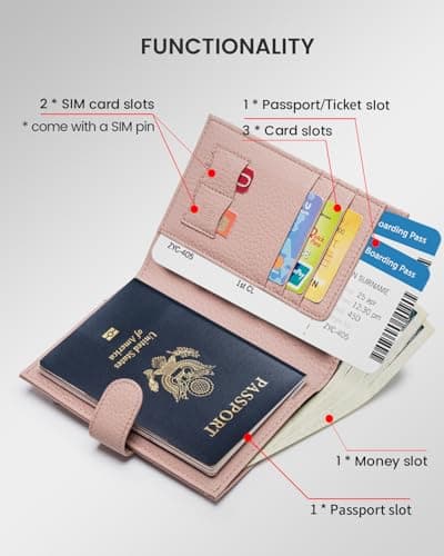 Karmiir RFID Passport Holder Travel Wallet for Women, Leather Passport Cover Wallet with Card Holders SIM Slots,Zippered Coins Pocket and Cash Slot Slim Compact Travel Wallet, Light Pink, S, Fashion — view 2