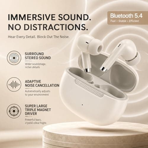 PWTEK Wireless Earbuds Bluetooth 5.4, Beige Wireless Headphones with HiFi Stereo Deep Bass, 42H Playtime, IPX7 Waterproof Ear Buds, Touch Control, USB-C Fast Charging, In-Ear Earphones — view 2