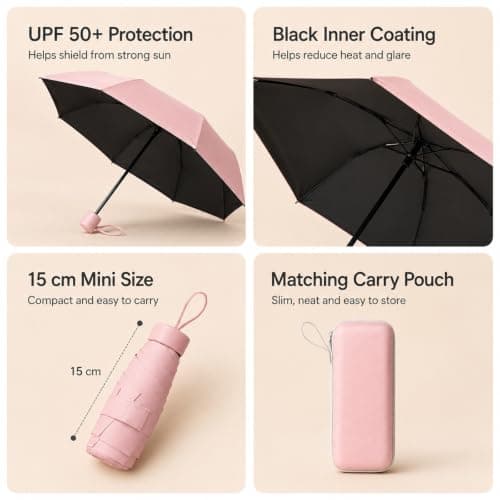 WHJYCC Mini Travel Umbrella, UPF 50+, 6-Rib, Pink, with Zip Case — view 3