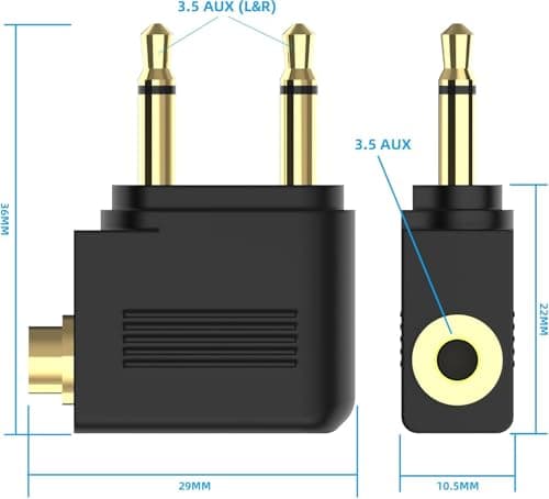 Peak Power Airplane Headphone Adapter (2 Pack) – Dual 3.5mm Airline Audio Jack Converter, 2-Prong Flight Adapter, Gold Plated Stereo Sound, Compatible with In-Flight Entertainment Systems — view 3