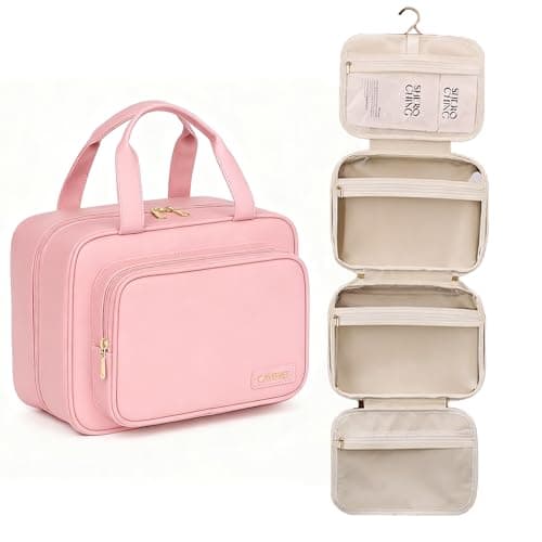 Yuexitech Travel Hanging Toiletry Bag, Large Waterproof Wash Bag with Multiple Compartments, Hanging PU Leather Makeup Bags for Women, Cosmetic Travel Wash Bags, Rose Pink