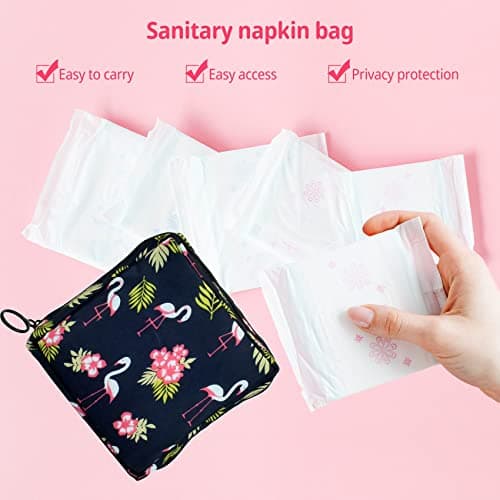 JUNFEIXUAN Sanitary Napkin Storage Bag Menstrual Cup Pouch Portable Pads with Zipper Feminine Menstruation First Period Bags for Teen Girls Women Ladies. (Black - Flamingo) — view 4