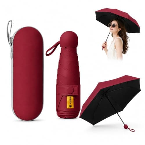 WHJYCC Compact Folding Umbrella - Burgundy Travel Umbrella with Case