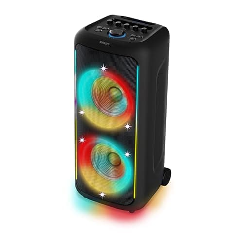 PHILIPS TAX5000E Bluetooth Party Speaker 200W Max, Bass+, Lightshow, 14h Battery, TWS & Auracast, Mic/Guitar Inputs, IPX4 Splash-Proof, USB, AUX, App Control, Wheels & Handle