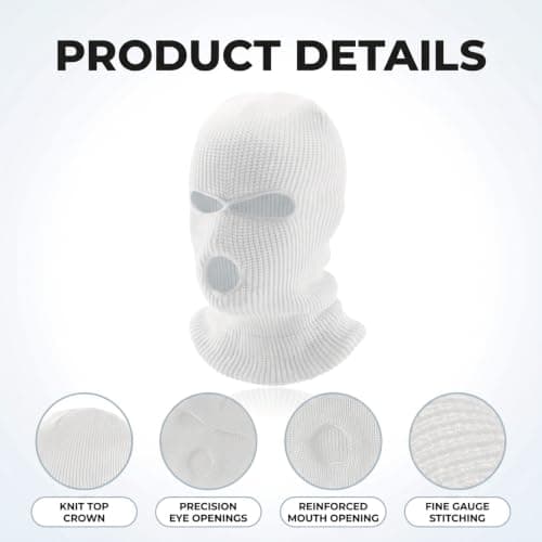 Gaomumu 3-Hole Knitted Balaclava, Windproof Thermal Full Face Cover, Stretch Warm Knit Head Neck Protector, Suitable for Cycling Skiing Hiking Winter Outdoor Sports(White) — view 3