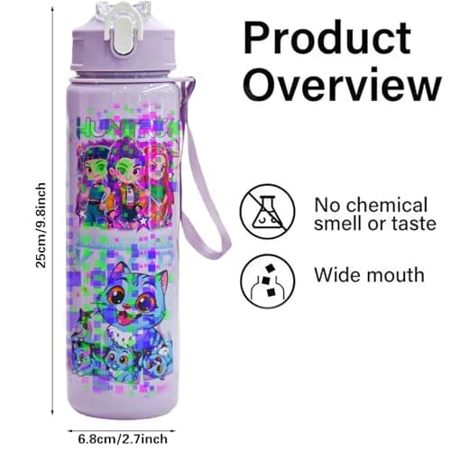 Metaparty 750ML/25OZ Korean Pop Water Bottle with Straw, Kids Water Bottle for Girls with Cartoon Print, Leak-Resistant Drinks Bottle with Handle for School Travel Camping (Purple) — view 5