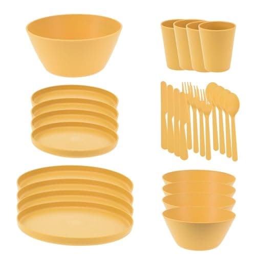 Envenzo Reusable Picnic Dinner Set for 4, 29 Piece Plastic Tableware Set with Plates, Bowls, Cups and Cutlery for Camping, Garden and Outdoor Dining, Yellow