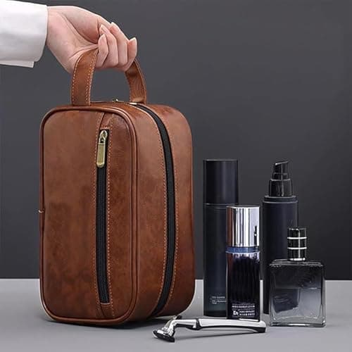 Leather Toiletry Bag for Men, Waterproof High-Capacity Travel Wash Bag, Multi-Functional Mens Toiletry Bags with Organizer, Brown Gifts for Men — view 5