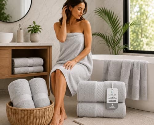 Casabella CB 2 Piece Jumbo Bath sheets 100% Combed Cotton Extra Large Bath Towel bale set super Absorbent Soft Silver 2 Pack 90X180 CM Bath sheets Extra Large Bathroom Set Beach Towel — view 2