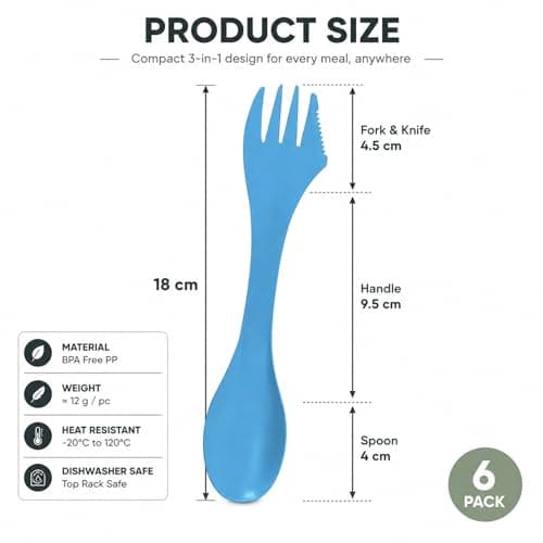 6 Pack Spork 3-in-1 Camping Cutlery Set Reusable Spoon Fork Knife Portable Travel Utensils BPA Free Lightweight Plastic Outdoor Picnic Hiking Backpacking Accessories for Adults Kids — view 2