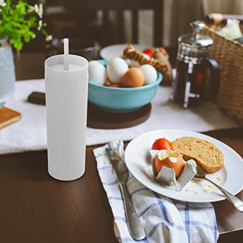 Volhoply 550ML Plastic Skinny Tumbler,Double Wall Tumblers with Lid and Straw,Reusable Iced Coffee Mug,BPA Free Matte Acrylic Water Cups with Straw for Parties,DIY Gifts(White,1 Set) — view 6