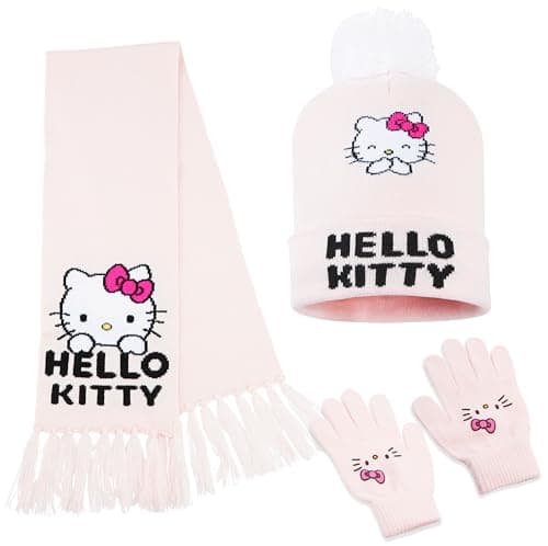Hello Kitty Girls Scarf Beanie and Gloves Set 3 Piece Kawaii Cosy Warm Winter Accessories Anime Soft Knit for School Travel Days Out (Pink Hello Kitty, 4-12 Years)