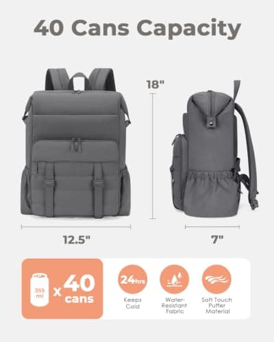 Backpack Cooler Insulated Leak Proof 40 Cans Puffer Soft Cooler with Laptop Compartment Portable Lightweight Beach Travel Camping Lunch Backpack for Men and Women (Grey) — view 3
