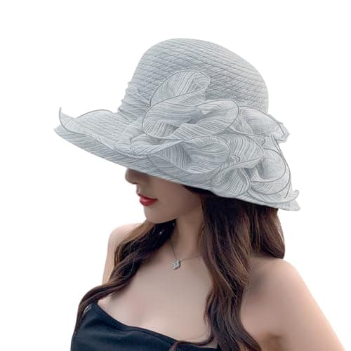 Ladies Foldable Organza Sun Hat Summer Church Hats Wide Brim Ascot Race Derby Hat for Cocktail/Wedding Party Hats Anti-UV Beach Sun Hat Bucket Cap Travel Holiday Cap (UK, Alpha, One Size, Light Grey)