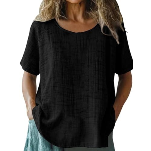 Women's Linen Blouse Summer Muslin Short Sleeve Shirt Crew Neck Basic Tops Elegant Cotton Linen Tops Plain Summer Vacation Beach Travel Blouse Light and Airy Sport Yoga Blouses & Tunics for Women — view 2
