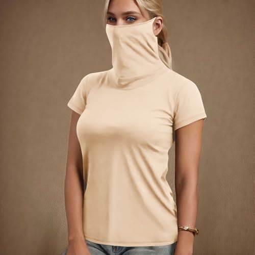 Slxbear Women UPF 50+ Sun Protection Shirts with Face Mask, Quick Dry Rash Guard Workout Tops with Face Mask, Short Sleeve Uv SPF Lightweight Shirt for Hiking Fishing Golf Beige M — view 2