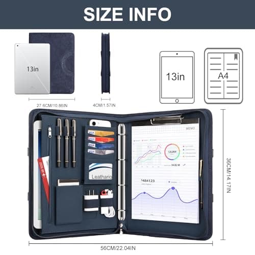 Leathario Portfolio Folder A4, Vegan Leather Conference Folder with Handle, 4-Ring Travel Document Holder with 5 5-Part File Dividers, Multi-Pocket Document Folder Organiser, Office Supplies — view 3