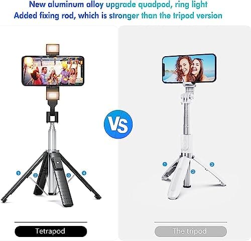 Selfie Stick Tripod Quadrapod with 2 Rechargeable Fill Light, Extendable Tripod with Bluetooth Remote, Stainless Steel, 3 Light Modes, 9 Brightness Levels, Compatible for All iPhone & Android — view 6