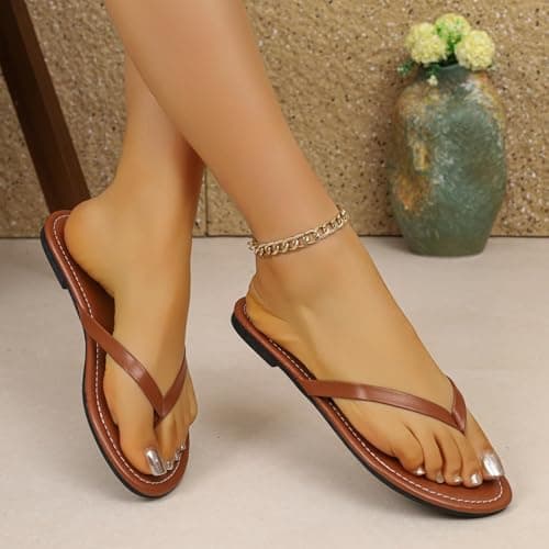 Arestory Faux Leather Flip Flops for Women Summer Sandals with Arch Support Ladies Casual Slippers Summer Beach Walking Thong Cushion Slip On Sliders Comfortable Slide Toe Post Indoor Outdoor Mules — view 5