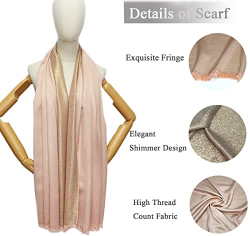 Gragengs Women's Sparkling Metallic Pashmina Shawls and Wraps Long Party Scarf Solid Color Two Tone,Rose Gold — view 3