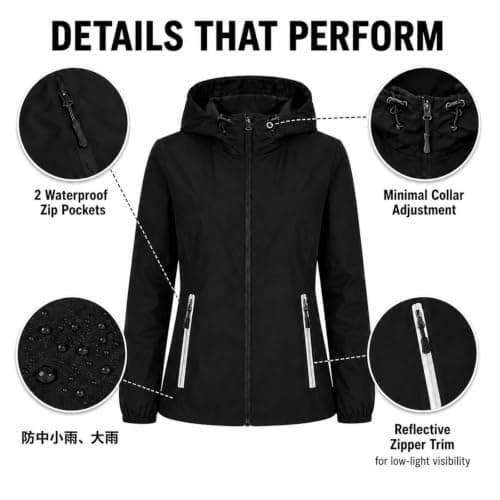 Women's Lightweight Packable Waterproof Jacket, Hooded Windproof Raincoat with Adjustable Hood and 2 Waterproof Zip Pockets for Hiking, Travel, Running (UK, Alpha, S, Regular, Regular, Black) — view 3