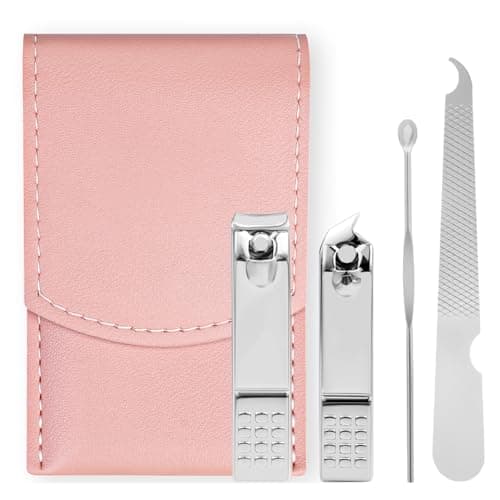 LOPHE Professional Manicure Set, 4pcs Portable Nail Clippers & Eyebrow Grooming Kit, Stainless Steel Nail Care Tools with Luxurious Leather Case for Travel & Home (Pink)