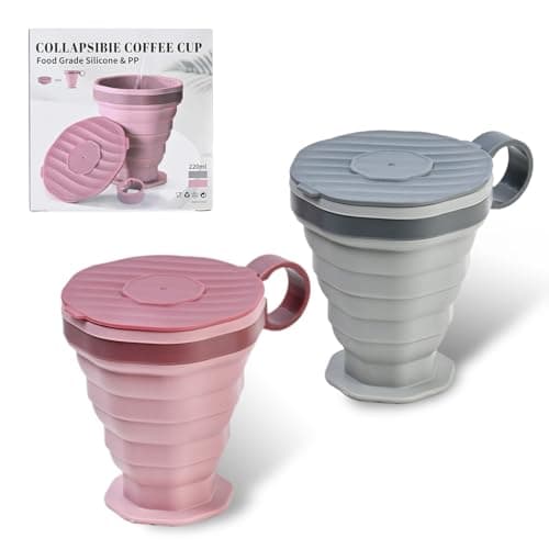 Hontaog 2 Pack Foldable Silicone Cups with Lid – Collapsible Reusable Travel Mugs, Portable Space-Saving Coffee Cups for Camping, Hiking, Outdoor Activities
