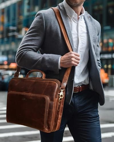 SID & VAIN Laptop Bag Simon XL Business Briefcase Real Leather 15.4 inch Laptop Portable Computer Satchel Leather Bag Women and Men — view 2