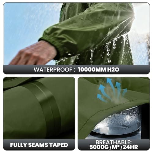 SOPPY Waterproof Rainsuit Jacket Pants Suits for Men Women, Hooded Rain Jacket Waterproof Coat with Trousers, Packable Raincoat Sets with Carrying Bag for Fishing Hiking Camping (Army Green, L) — view 5