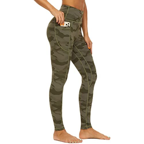 AMYTIS Gym Leggings for Women UK Workout Sports Yoga Pants with Pockets,Camo Army Green,L