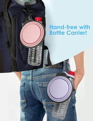 Heouvo Collapsible Dog Bowls with Bottle Carrier, 2 Pack Travel Dog Water Bowl with Upgraded Carabiner, One-piece Molded Rim No Fall Off or Crack (Pink/Violet, Large(Pack of 2)) — view 6